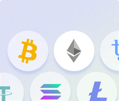 Cryptocurrency icons including Bitcoin, Ethereum, Litecoin, and others for digital trading platform.