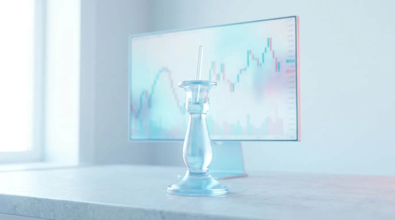 A single large glass candlestick form standing on a desk