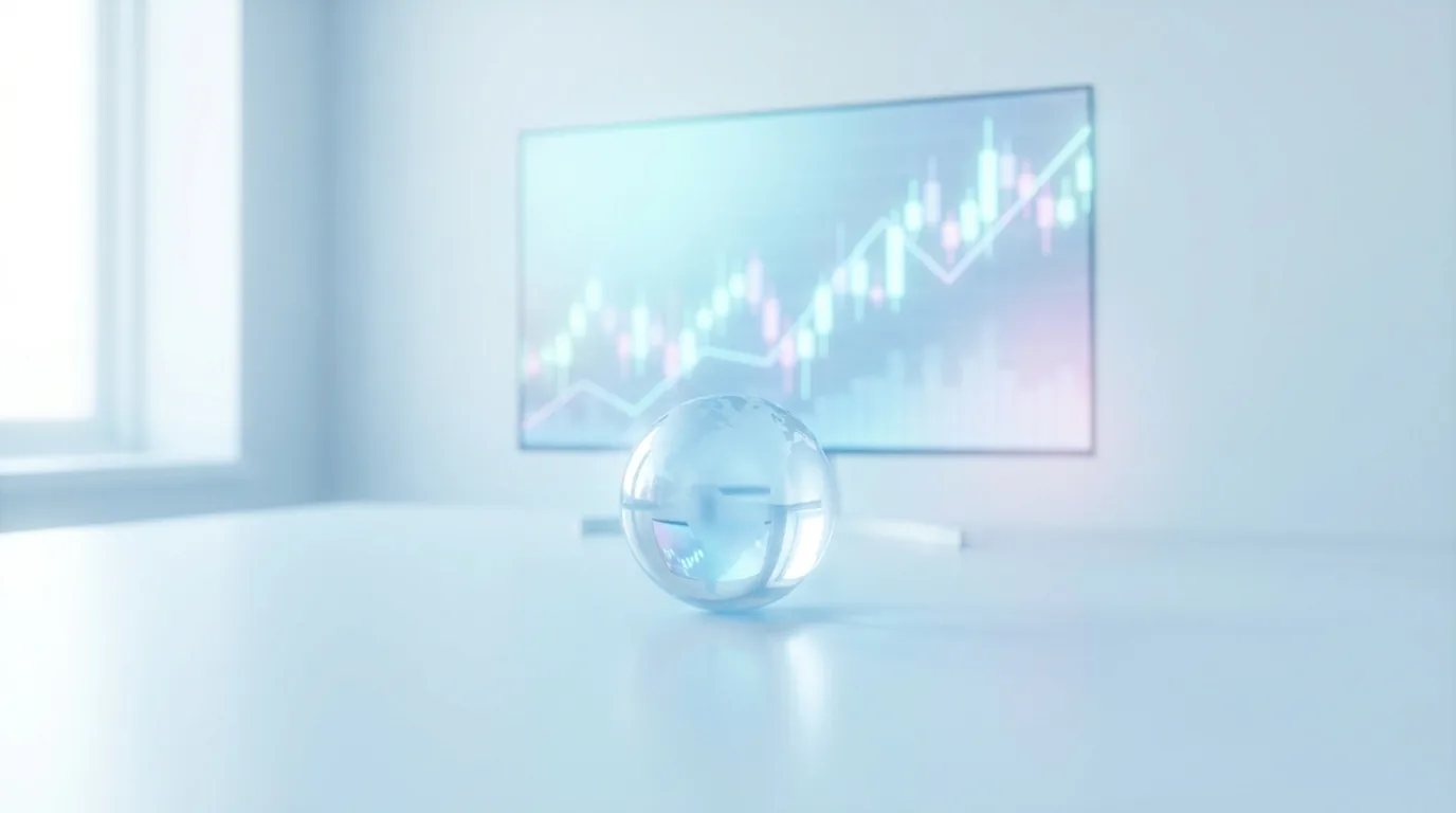 A glass globe on a desk in front of a screen showing a currency chart